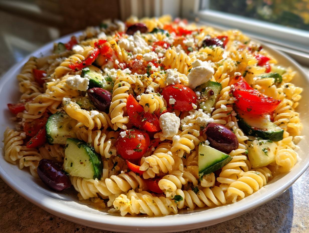 Close-up of a bowl filled with mediterranean pasta salad featuring rotini pasta, cherry tomatoes, cucumber, feta, and Kalamata olives.