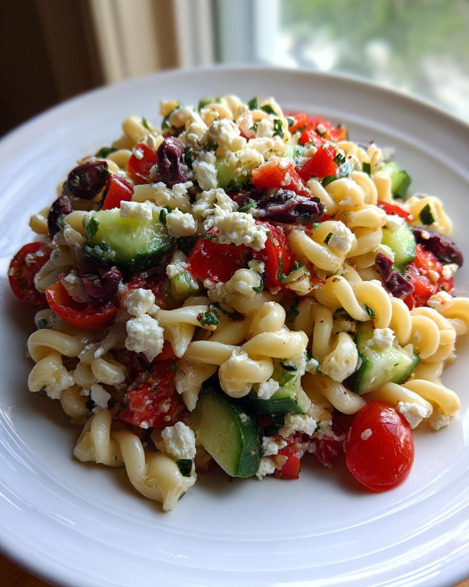 Close-up of a serving of mediterranean pasta salad featuring rotini pasta, cucumber, tomatoes, olives, and feta cheese.