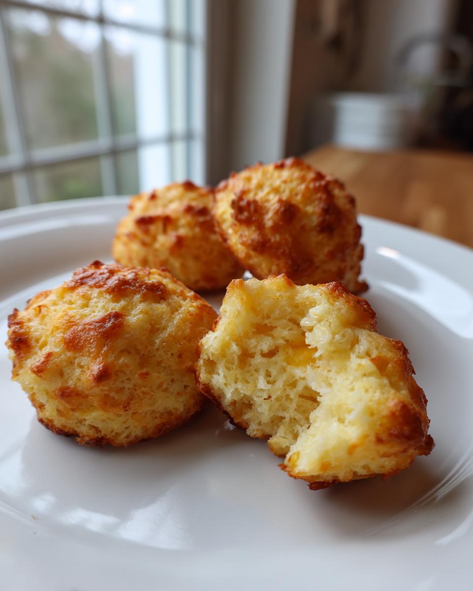 Close-up of three golden-brown cream cheese sausage balls, one broken open showing the moist interior.