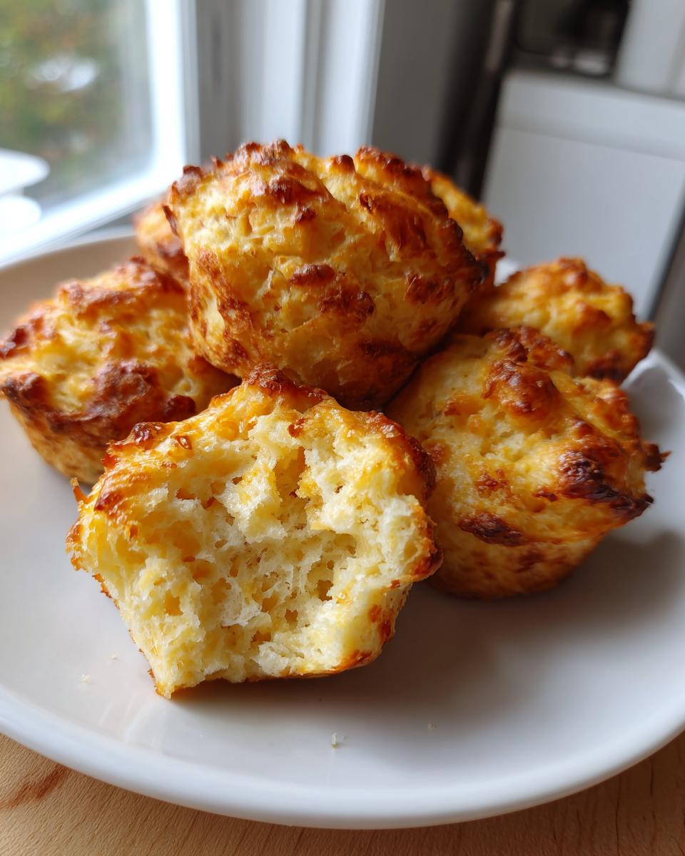 A stack of golden brown, cheesy cream cheese sausage balls on a white plate, one is broken open showing the moist interior.