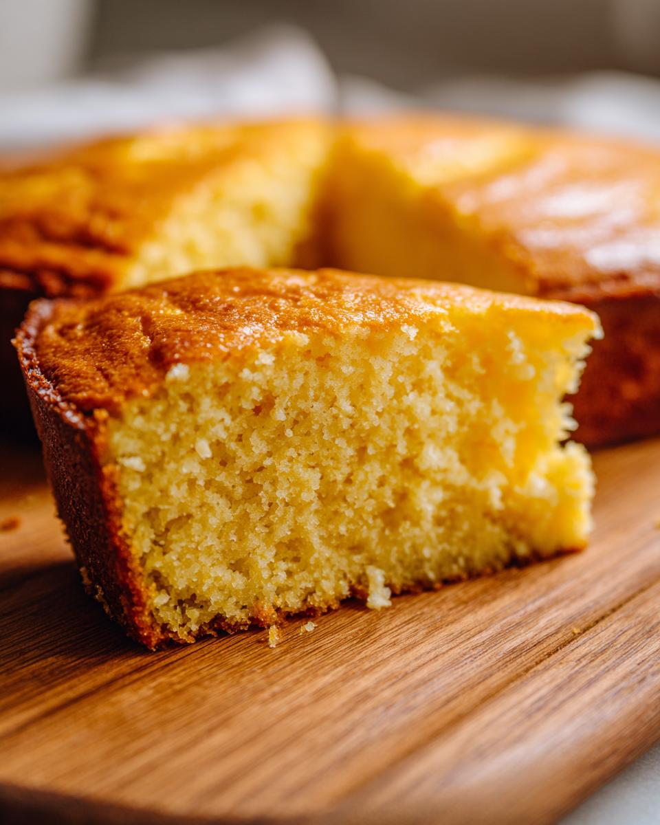 Close-up of a moist slice of golden-yellow cornbread resting on a wooden cutting board.
