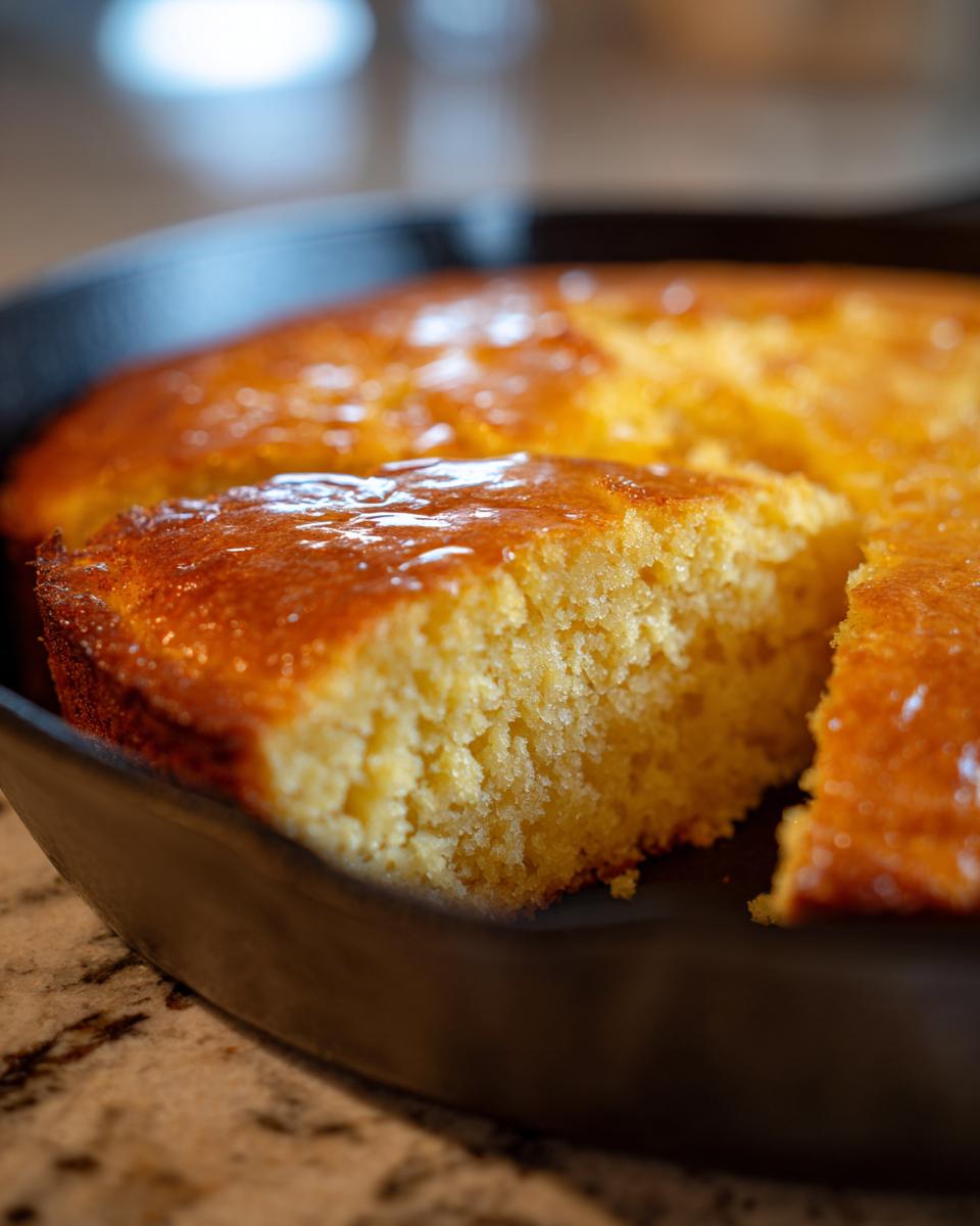 Close-up of a slice of moist, golden honey cornbread baked in a black cast iron skillet.