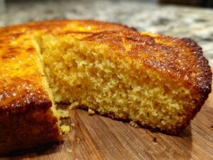 A close-up view of a moist slice of honey skillet cornbread showing its crumb texture and glossy top.