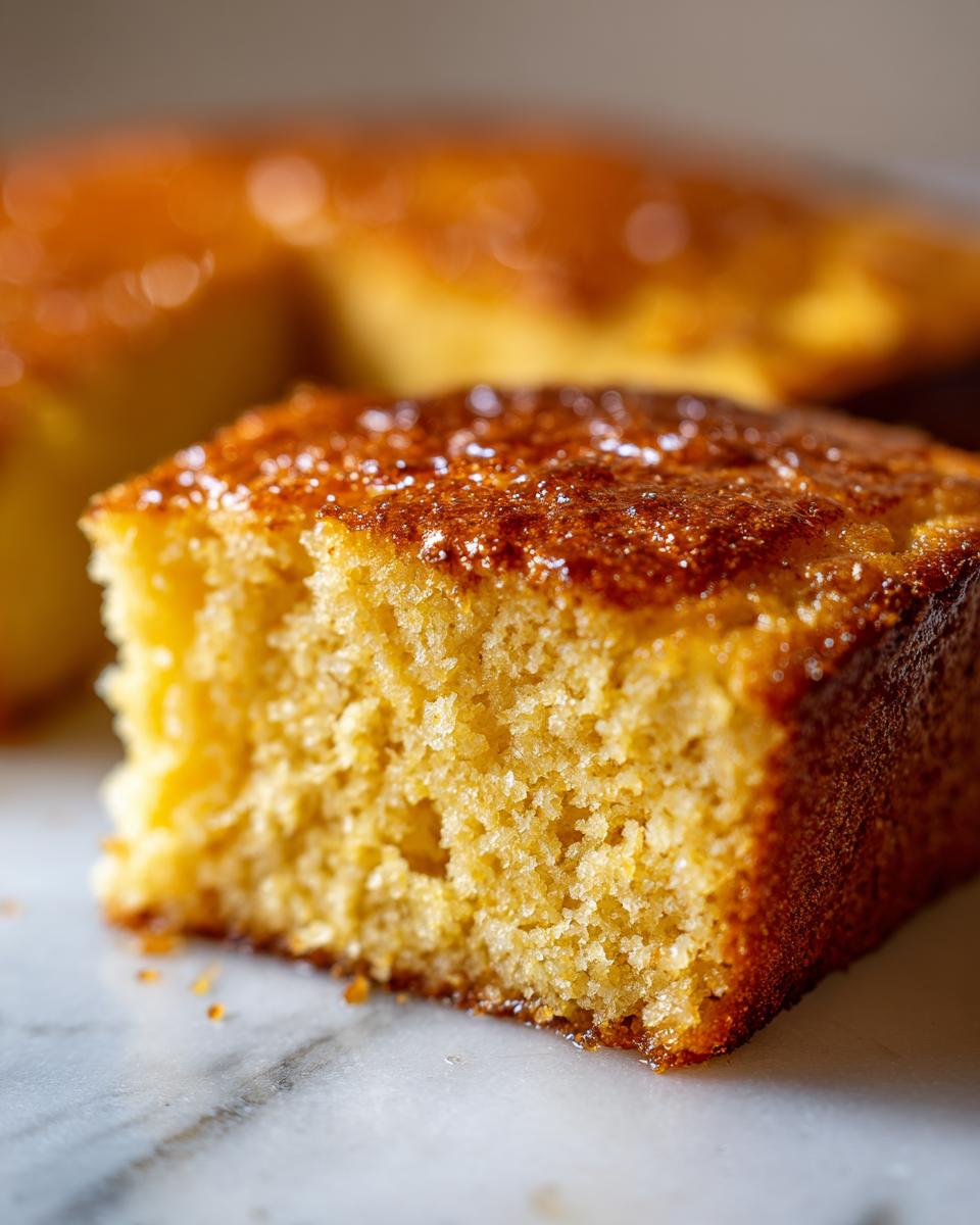 Close-up of a moist, golden slice of honey skillet cornbread showing its crumb texture and glazed top.
