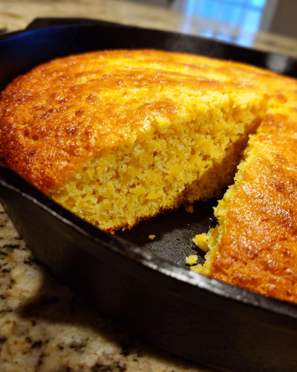 Close-up of moist honey skillet cornbread in a cast iron pan with one slice cut out.