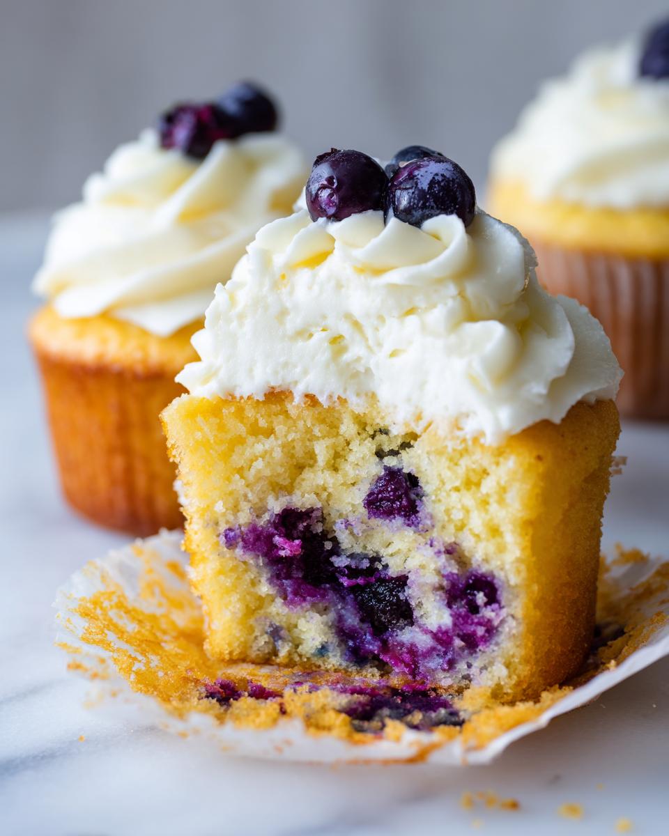 Close-up of a lemon blueberry cupcake cut in half showing moist cake and bursting blueberries, topped with white frosting.