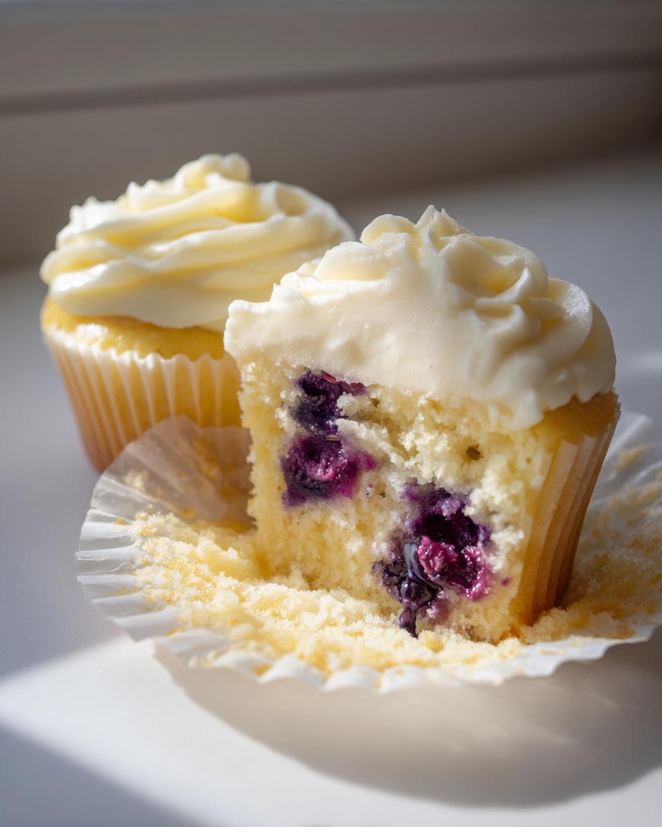 Close-up of a lemon blueberry cupcake cut in half showing moist cake, burst blueberries, and lemon frosting.