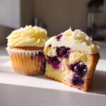 Close-up of a lemon blueberry cupcake cut in half showing moist cake and burst blueberries, next to a whole one with cream cheese frosting.