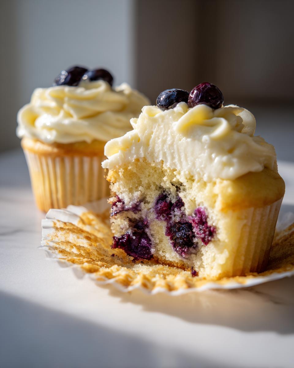 Close-up of a lemon blueberry cupcake cut in half showing moist cake and blueberries, topped with cream cheese frosting and fresh blueberries.