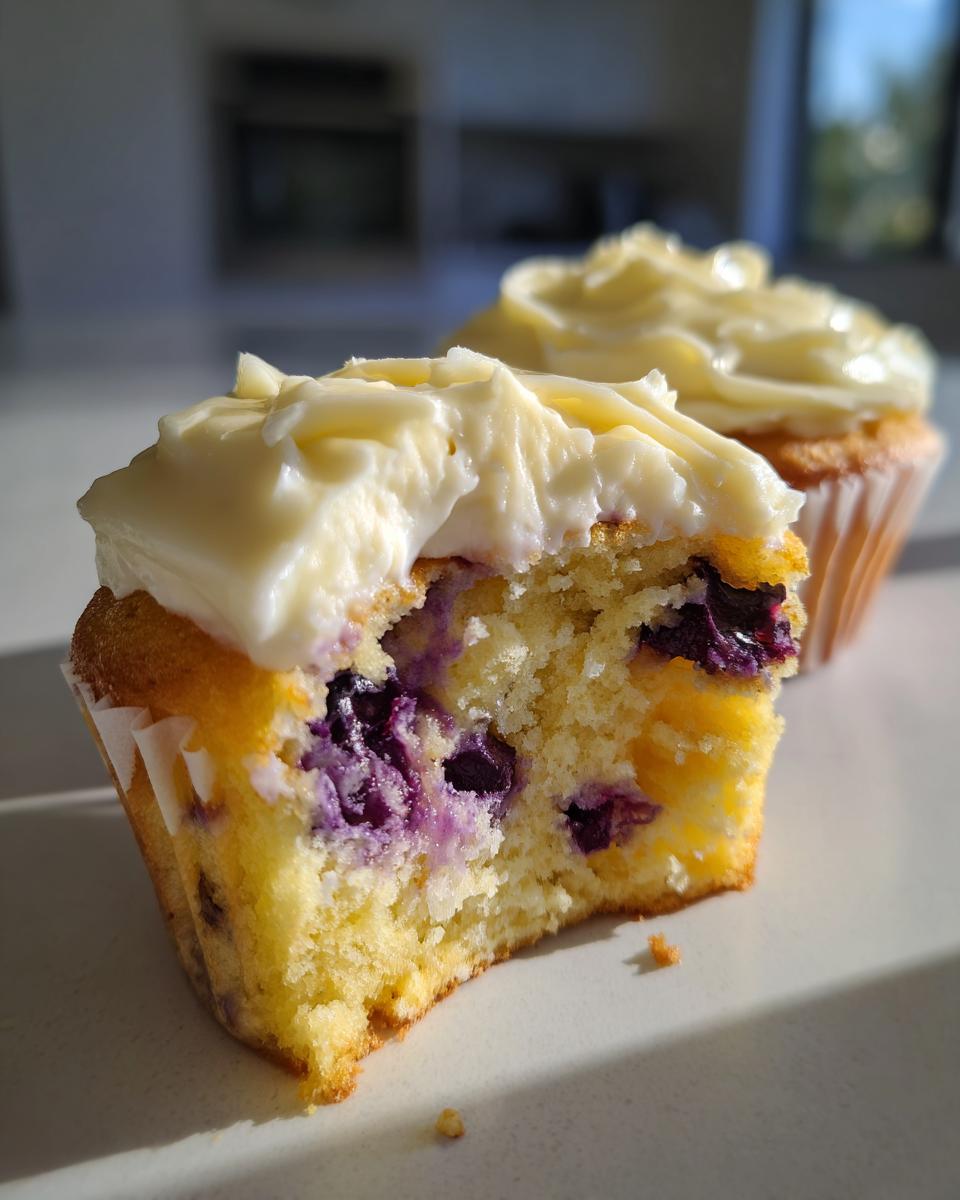 Close-up of a lemon blueberry cupcake cut in half showing moist crumb and juicy blueberries, topped with cream cheese frosting.