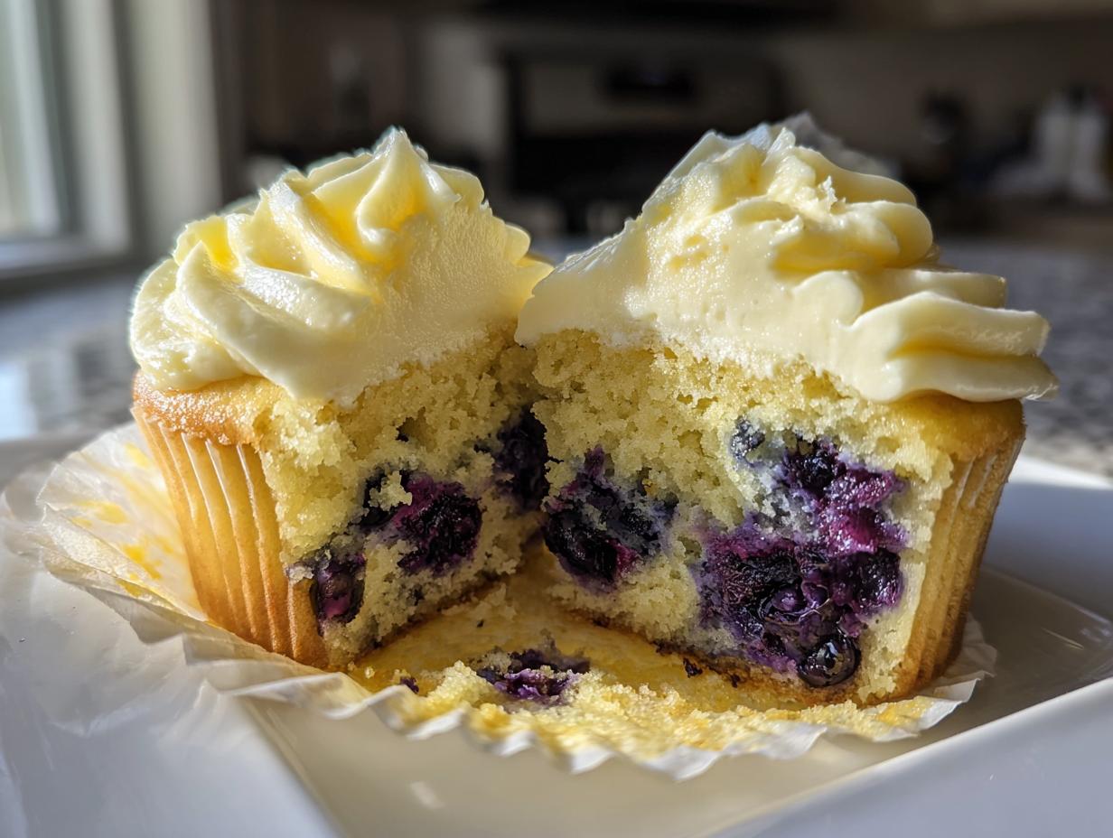 A lemon blueberry cupcake cut in half showing the moist crumb and burst blueberries inside, topped with lemon frosting.