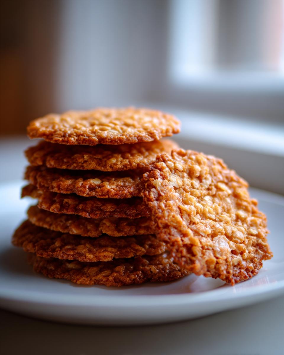 A stack of golden brown, crispy oatmeal lace cookies resting on a white plate.