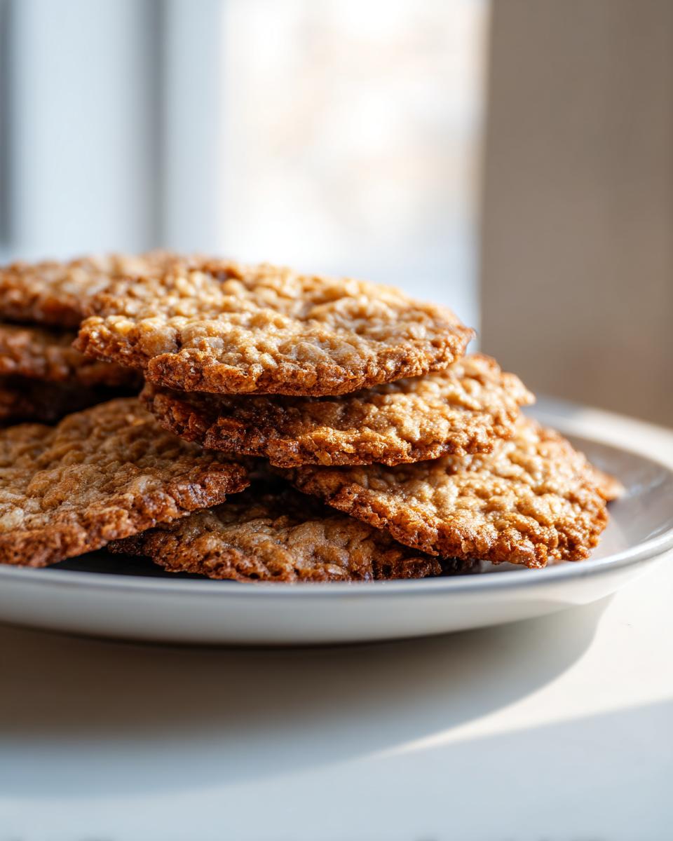 A close-up stack of golden brown, crispy oatmeal lace cookies resting on a light gray plate.