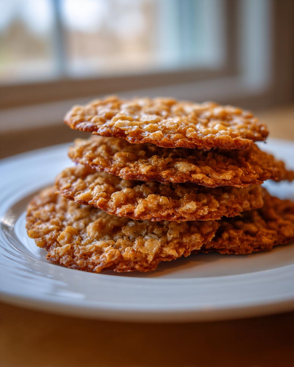 A close-up stack of four golden brown, crispy oatmeal lace cookies resting on a white plate.