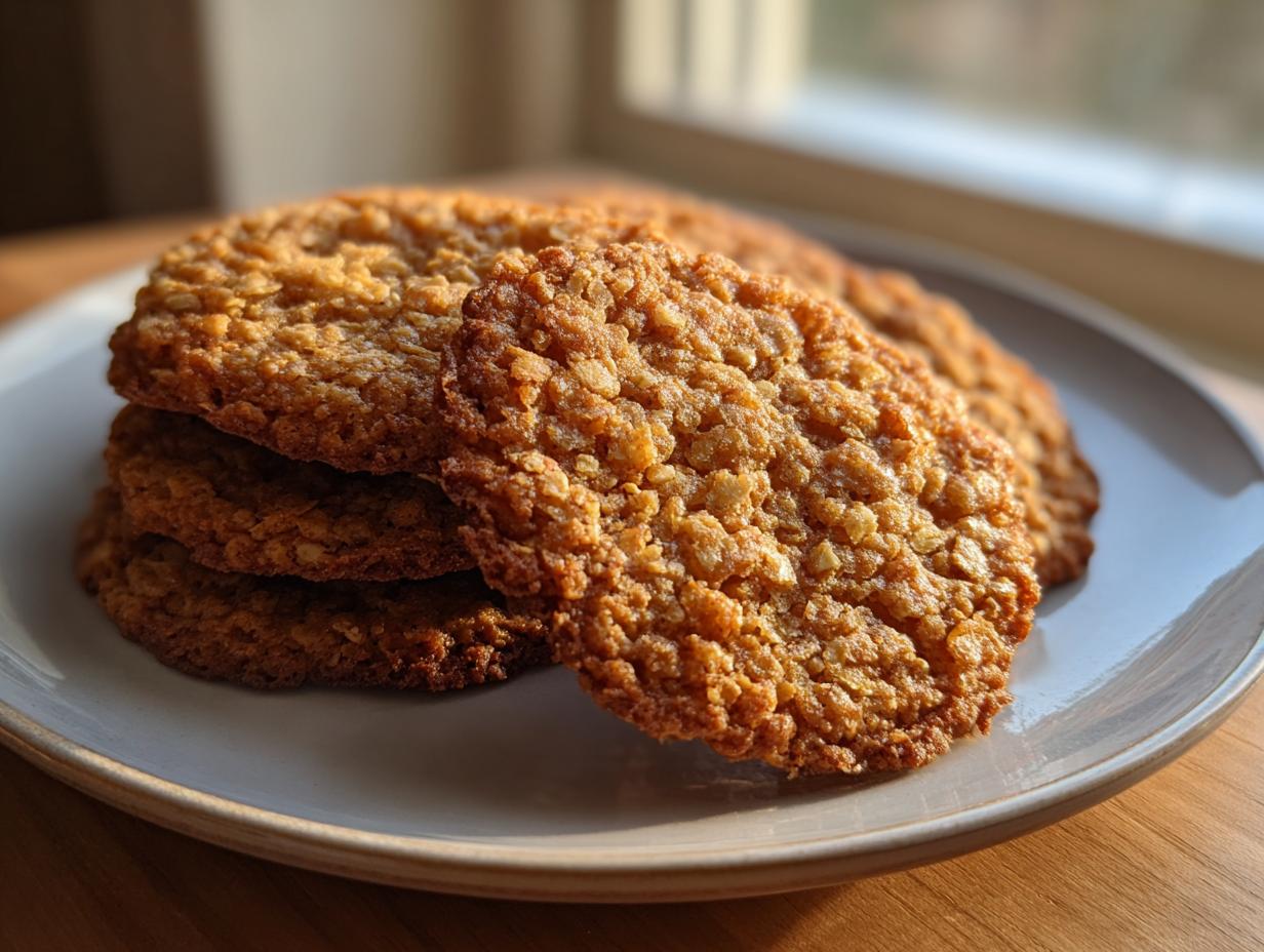 Close-up of several golden brown oatmeal lace cookies stacked on a light gray plate near a window.