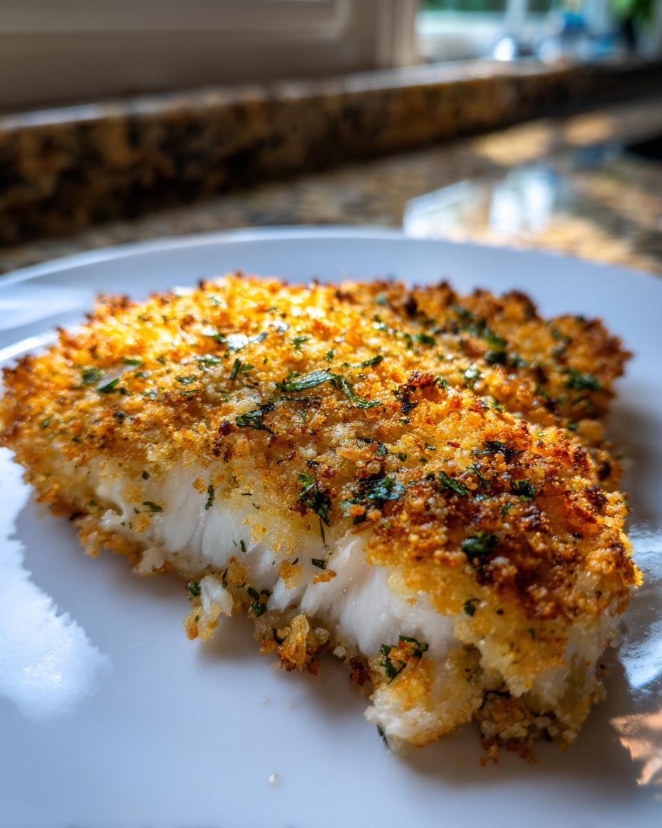 Close-up of a flaky, white parmesan crusted tilapia fillet topped with green herbs on a white plate.