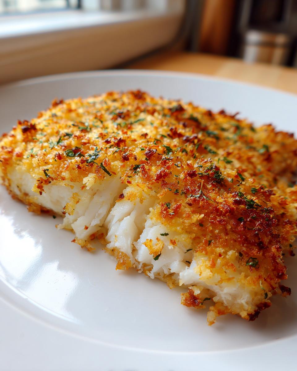 Close-up of a flaky, golden-brown parmesan crusted tilapia fillet served on a white plate.