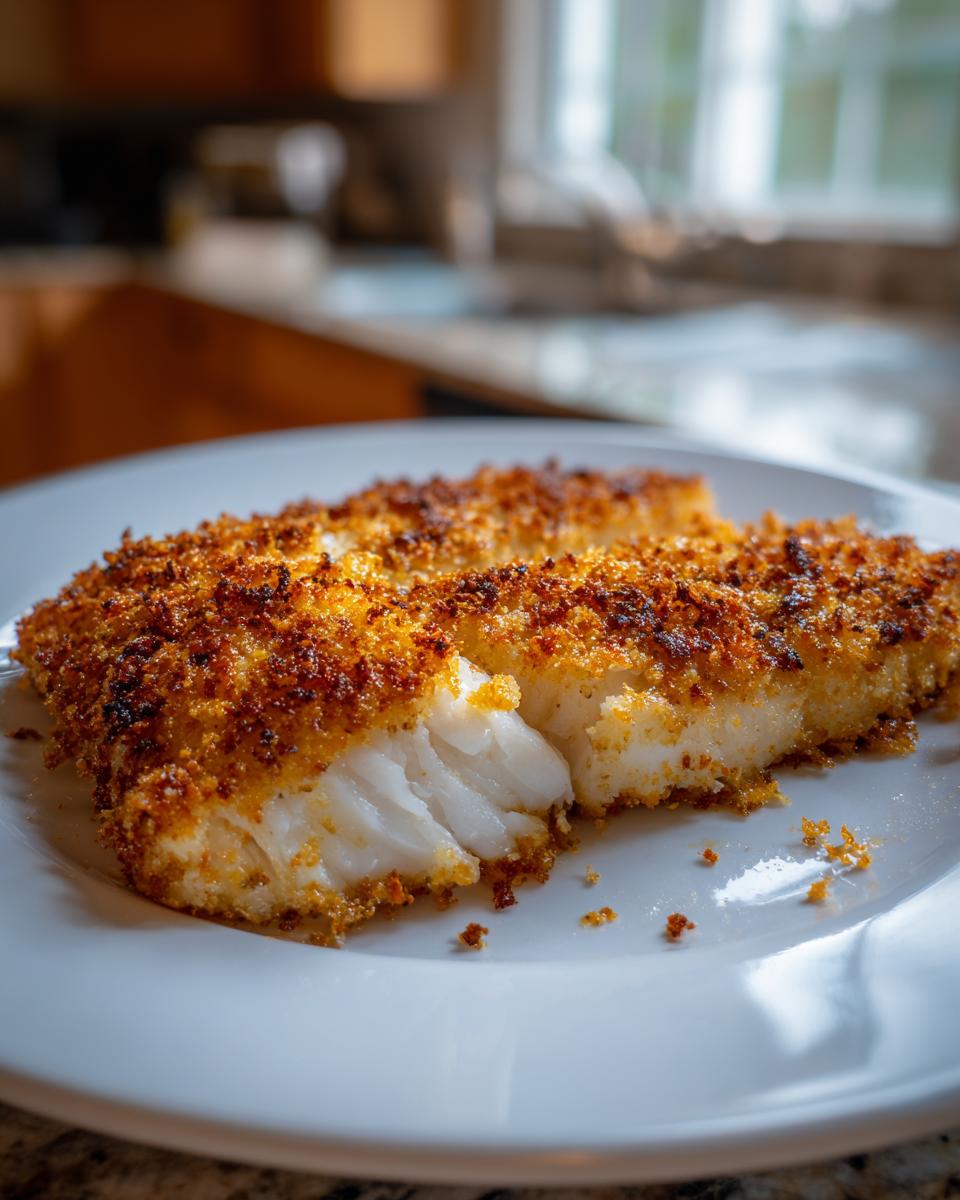 Flaky white fish fillet showing the interior texture of parmesan crusted tilapia, served on a white plate.