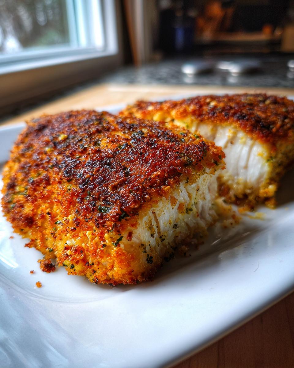 Close-up of two golden-brown, flaky Parmesan crusted tilapia fillets on a white plate.