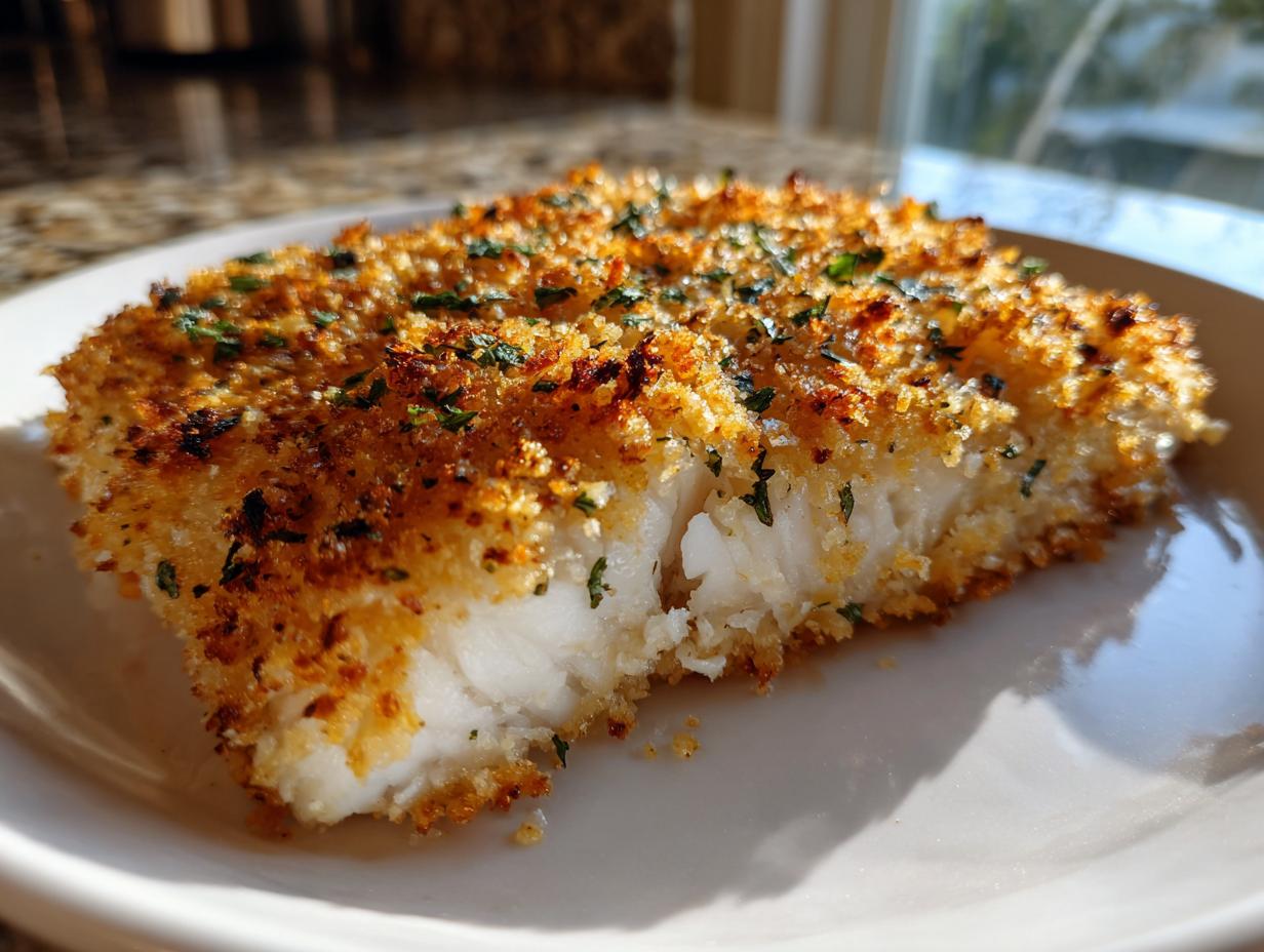 Close-up of a flaky, white parmesan crusted tilapia fillet topped with green herbs.