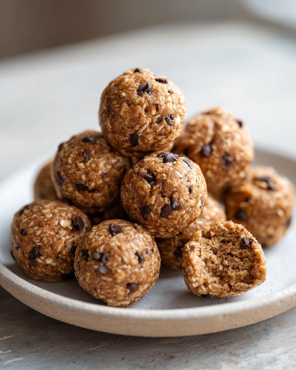 A stack of homemade peanut butter protein balls mixed with oats and mini chocolate chips, one is bitten into.