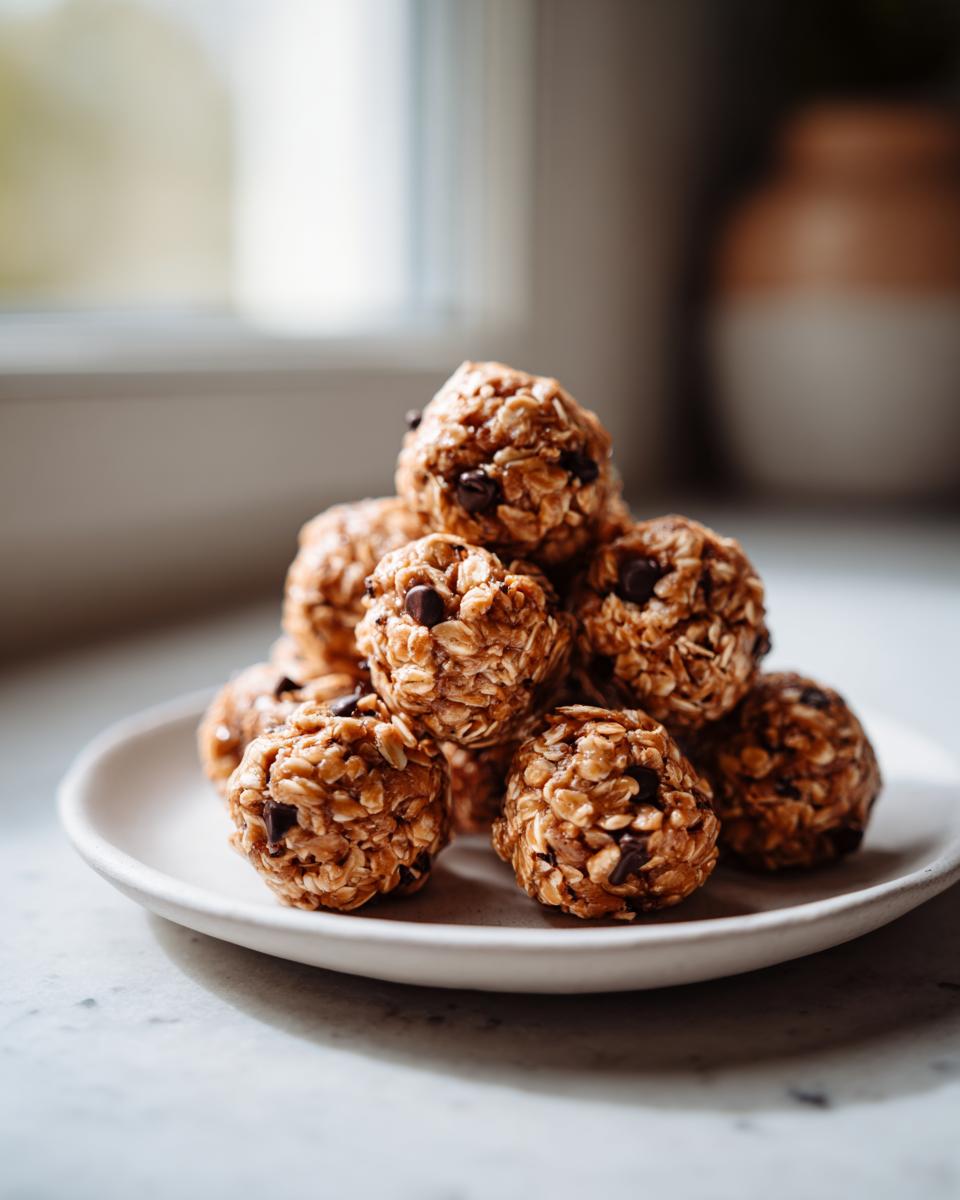 A stack of homemade peanut butter protein balls mixed with oats and mini chocolate chips on a white plate.