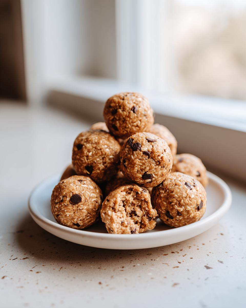 A small white plate piled high with homemade peanut butter protein balls studded with chocolate chips.