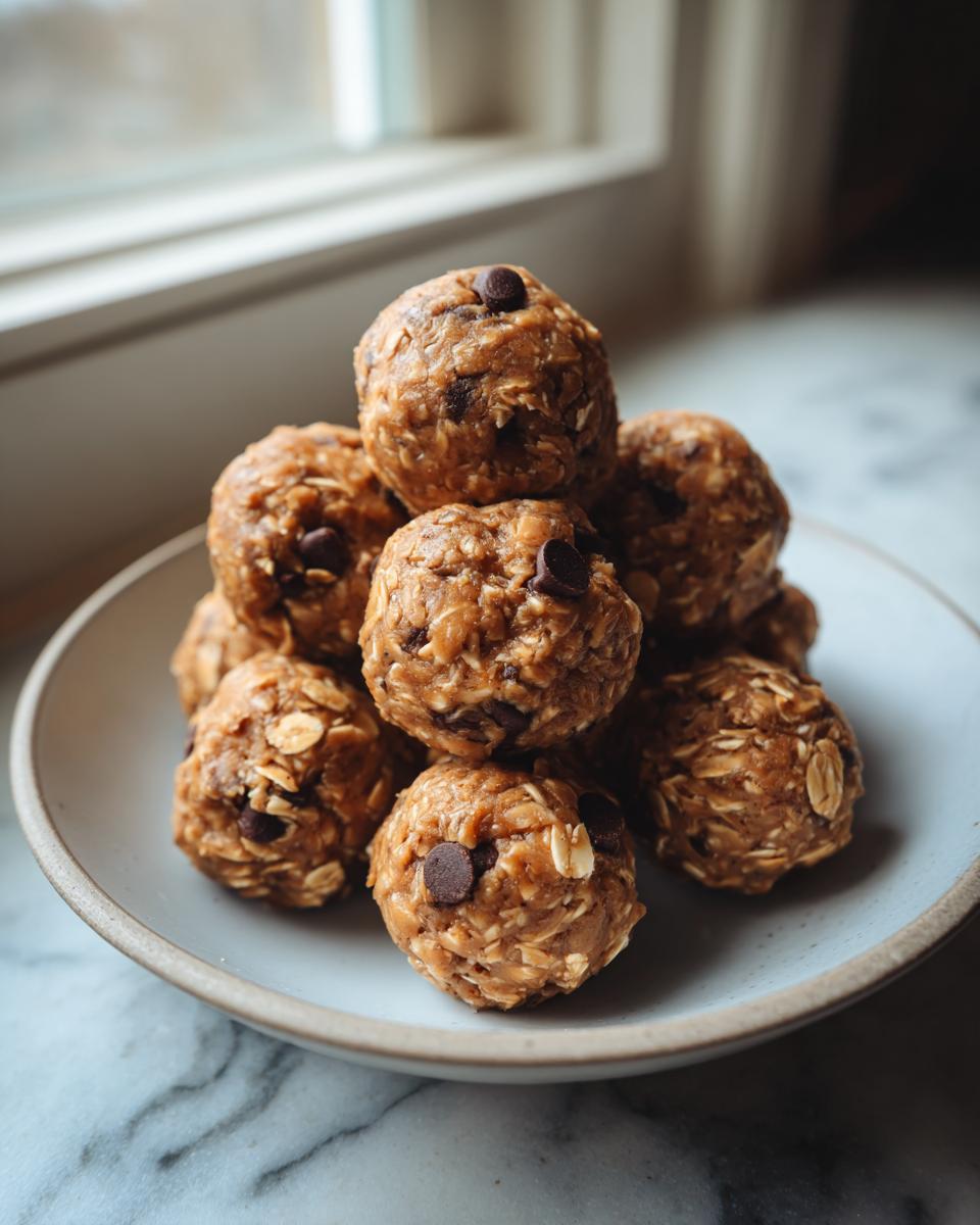 A stack of homemade peanut butter protein balls with visible oats and chocolate chips served on a light blue plate.