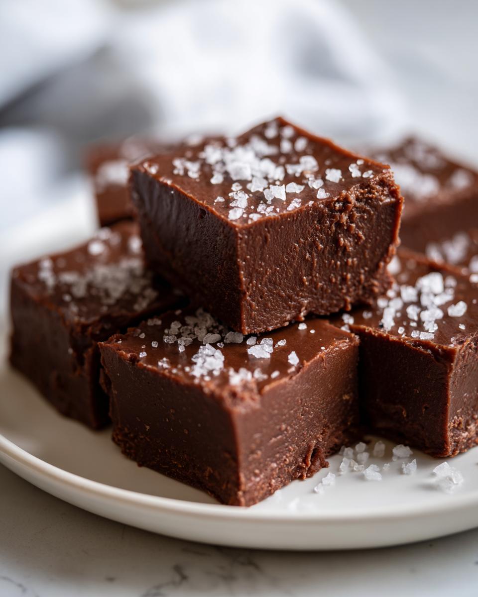 Close-up of rich, dark chocolate salted caramel fudge squares topped with flaky sea salt.