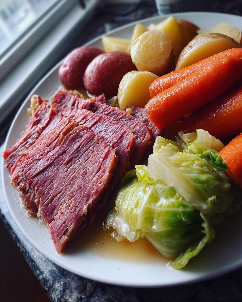 A white plate featuring sliced corned beef and cabbage, carrots, and boiled potatoes.