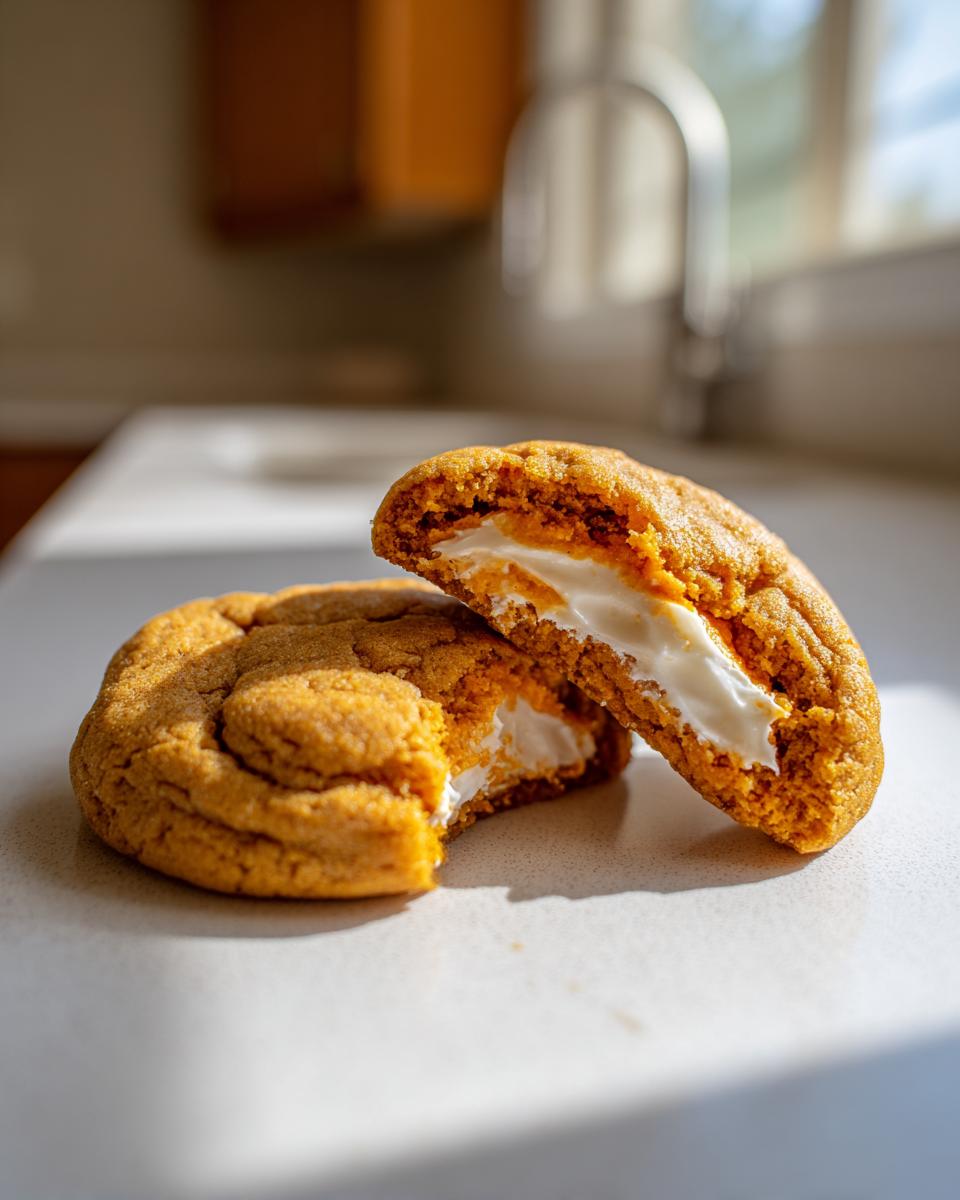 A pumpkin cheesecake cookie cut in half showing the thick, creamy white cheesecake filling inside the soft pumpkin cookie.
