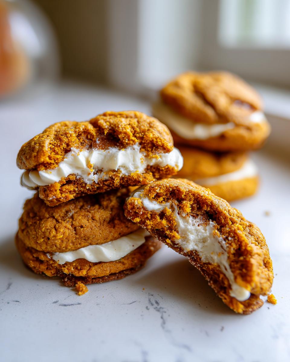 Close-up of delicious pumpkin cheesecake cookies stacked, one broken open showing the thick cream cheese filling.