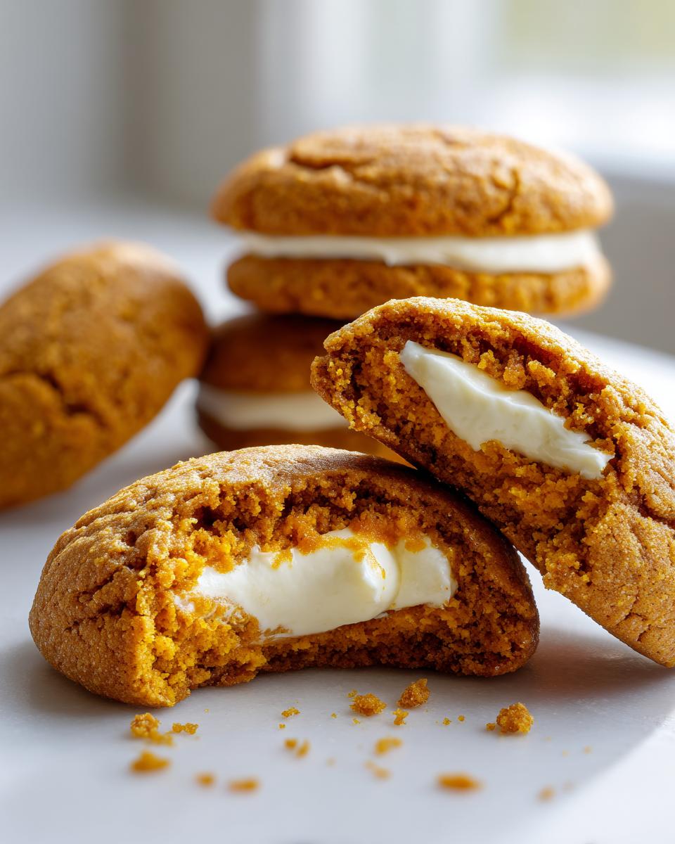 A pumpkin cheesecake cookie broken in half showing the thick, creamy white cheesecake filling inside the soft pumpkin cookie.