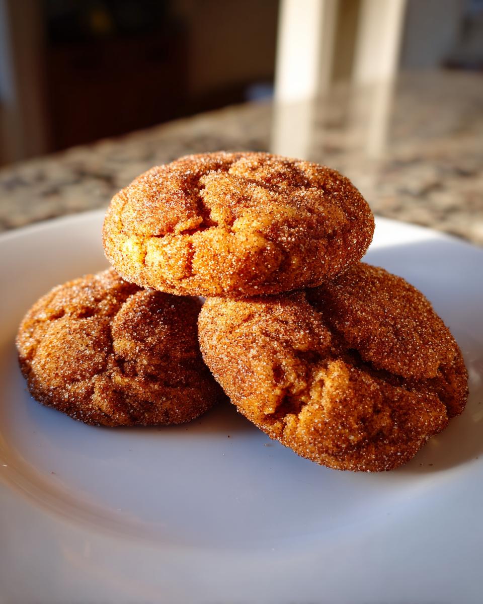 Three soft, thick pumpkin snickerdoodles heavily coated in cinnamon sugar stacked on a white plate.