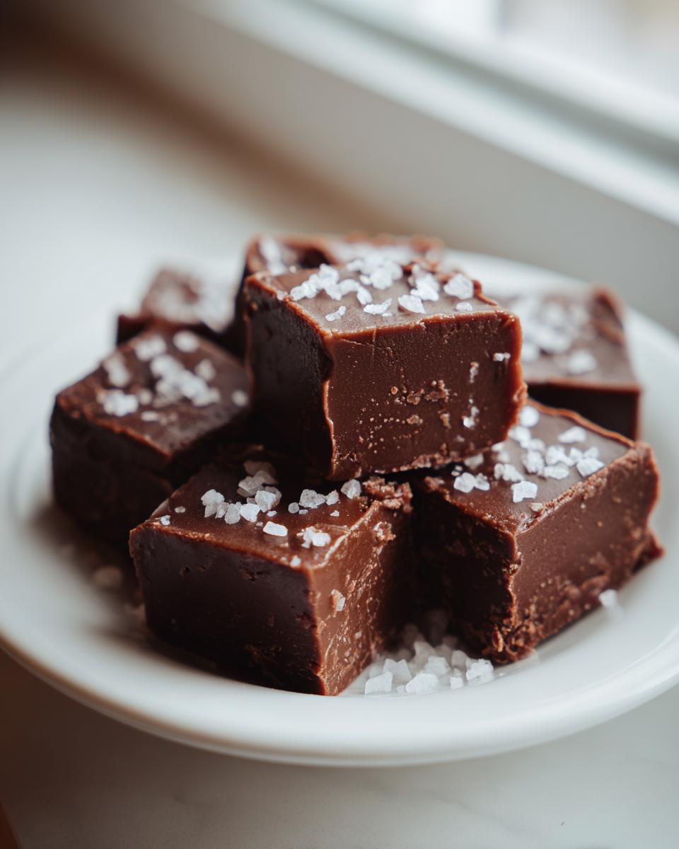 Close-up of rich, dark chocolate salted caramel fudge squares topped with flaky sea salt.