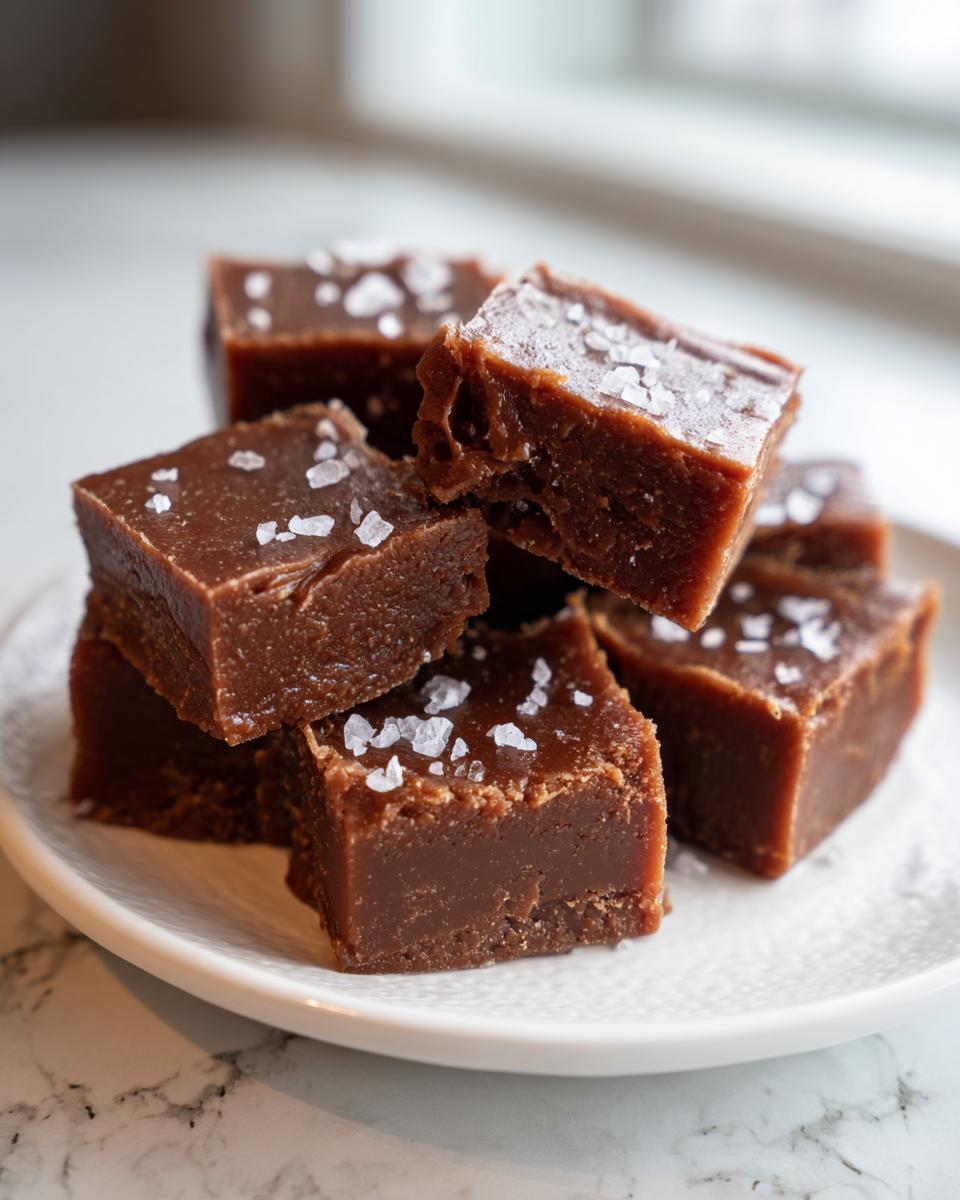 Close-up of rich, brown salted caramel fudge squares stacked on a white plate, topped with flaky sea salt.