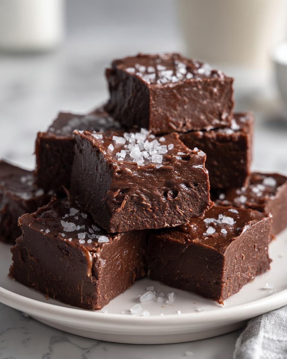 A stack of rich, dark chocolate salted caramel fudge squares topped with flaky sea salt.