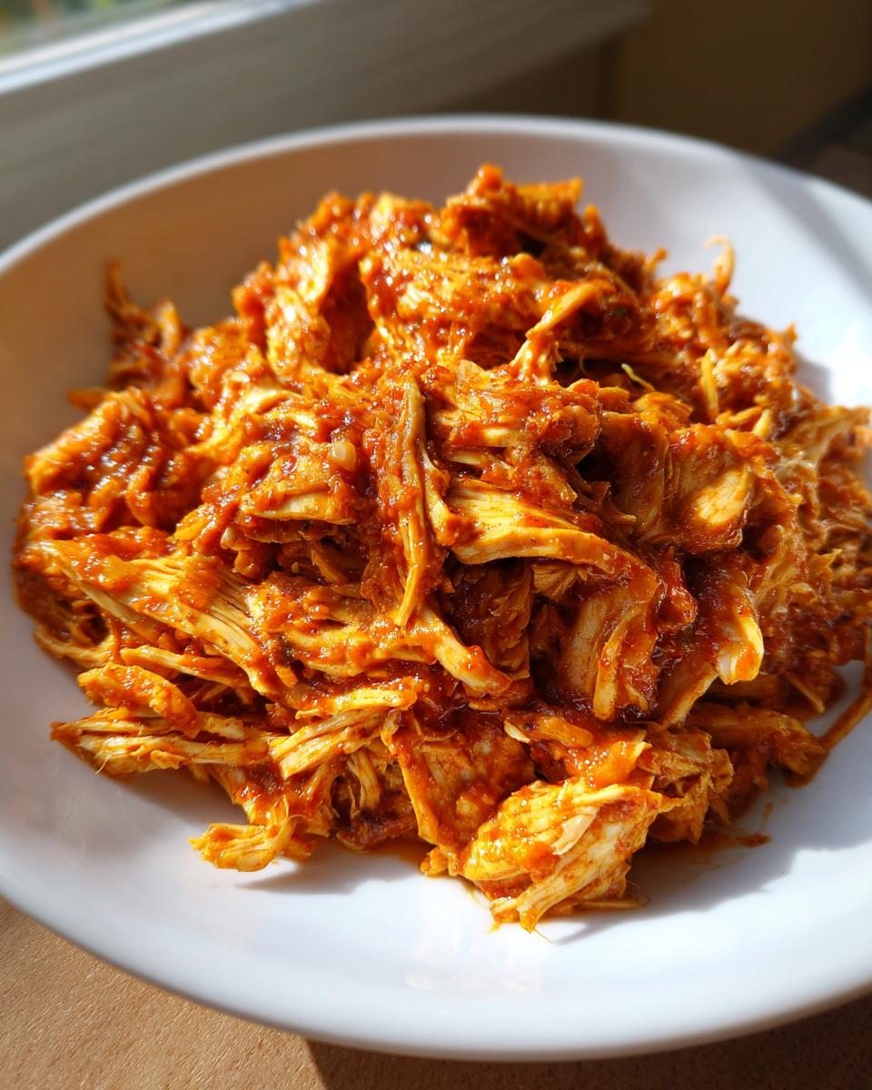 Close-up of shredded chicken tinga coated in a rich, reddish-orange sauce, served in a white bowl.
