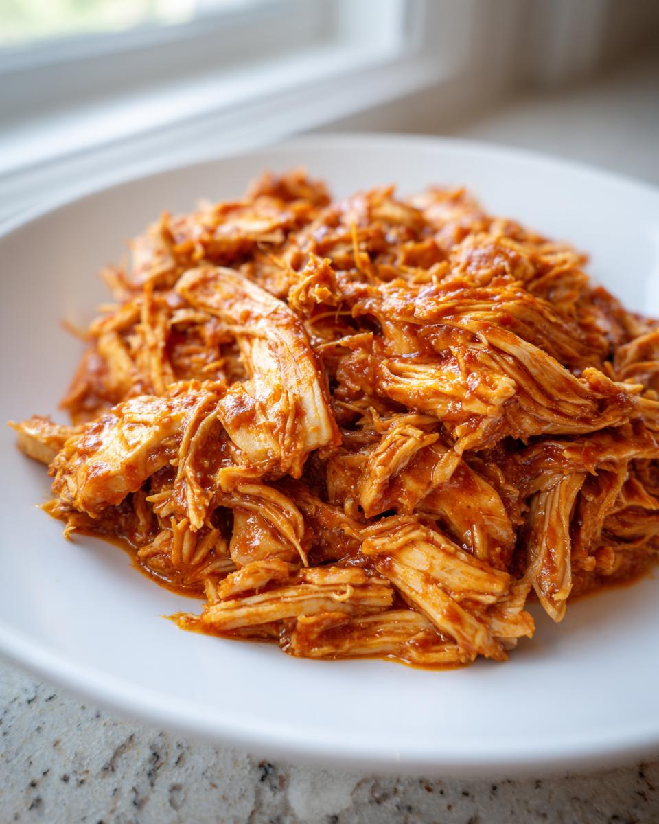 Close-up of moist, shredded chicken tinga coated in a vibrant, reddish-orange sauce, served on a white plate.