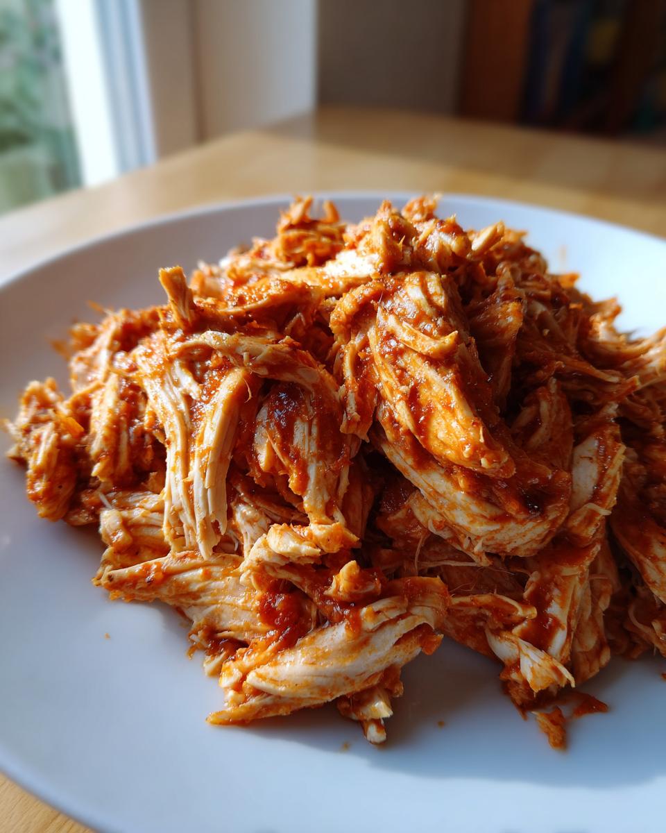 Close-up of shredded chicken coated in a rich, red sauce, ready for chicken tinga.
