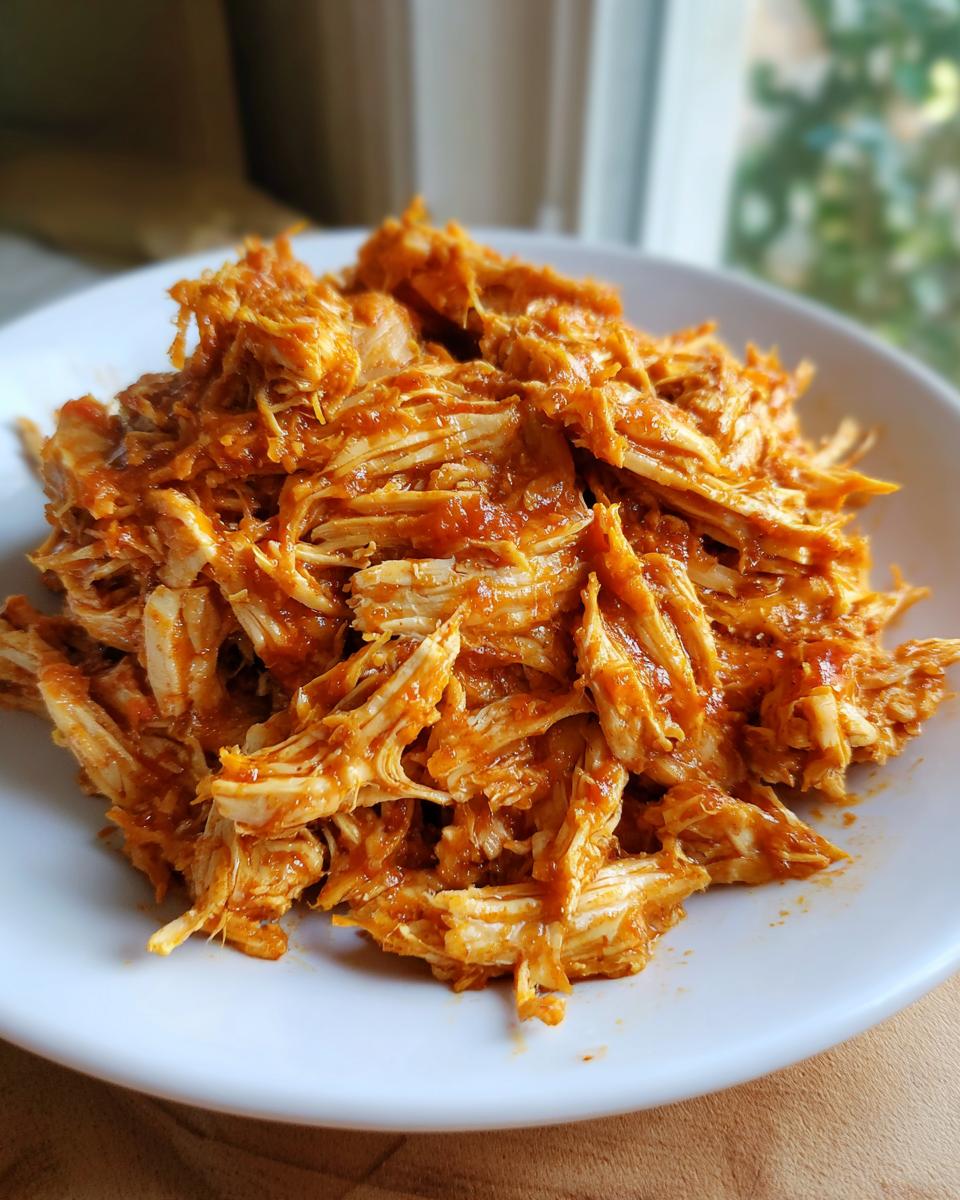 Close-up of shredded chicken tinga coated in a rich, orange-red sauce, served on a white plate.