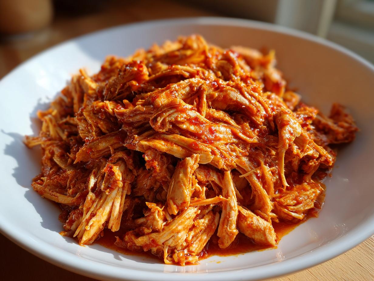 Close-up of shredded chicken tinga, coated in a vibrant, spicy red sauce, served in a white bowl.