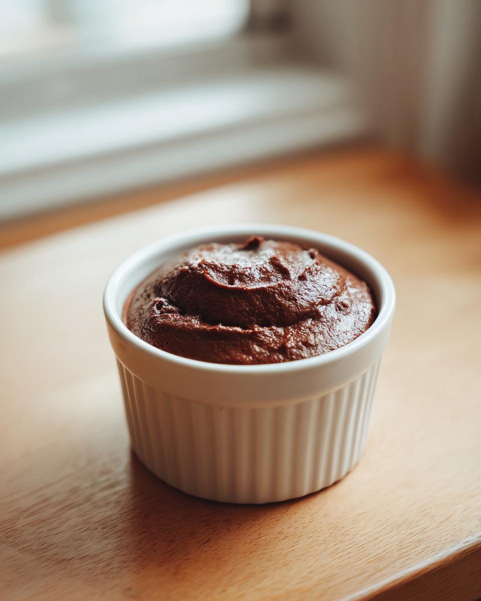 A single serving of rich, dark cottage cheese chocolate mousse presented in a white fluted ramekin on a wooden surface.