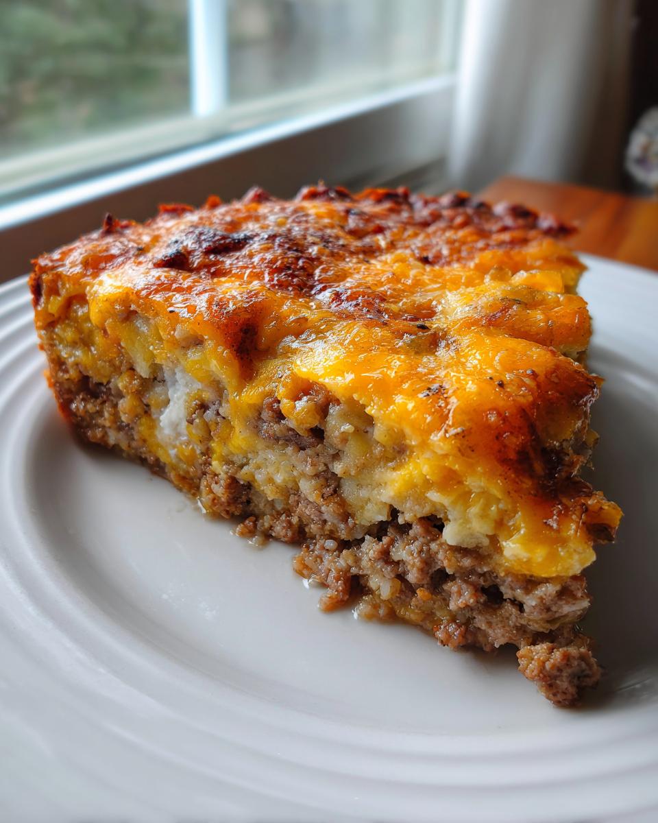 A thick slice of cheeseburger pie showing a ground beef layer topped with potatoes and melted, browned cheddar cheese.