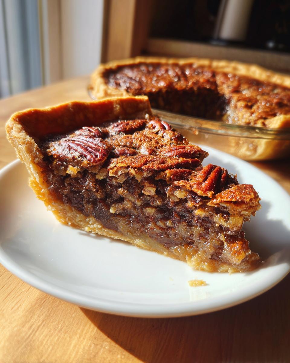 A close-up slice of delicious pecan pie sits on a white plate, with the rest of the pecan pie visible in a glass dish behind it.