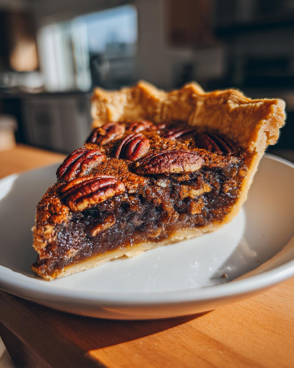 A close-up shot of a perfect slice of pecan pie, featuring a gooey filling and whole pecans on top.