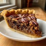 A close-up, tempting slice of pecan pie showing a flaky crust and rich, gooey filling topped with pecans.