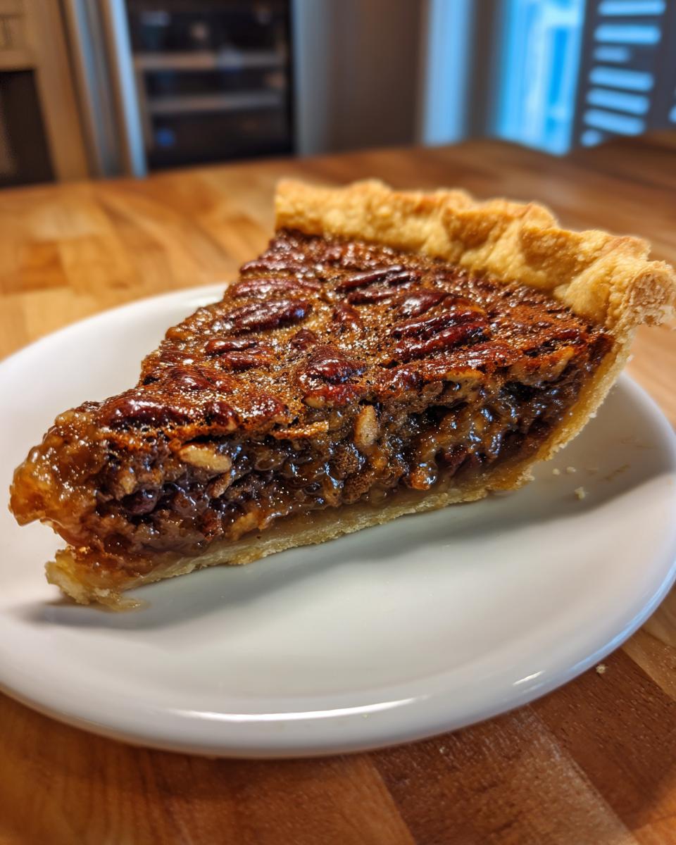 A close-up slice of rich, gooey pecan pie showing the caramelized filling and whole pecans on top.