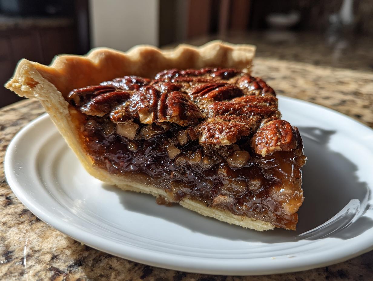 A close-up view of a glistening slice of homemade pecan pie resting on a white plate.