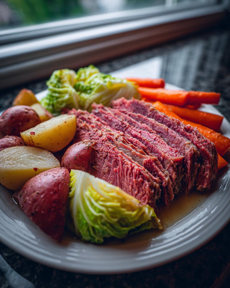 Close-up of sliced corned beef and cabbage served with potatoes and carrots on a white plate.